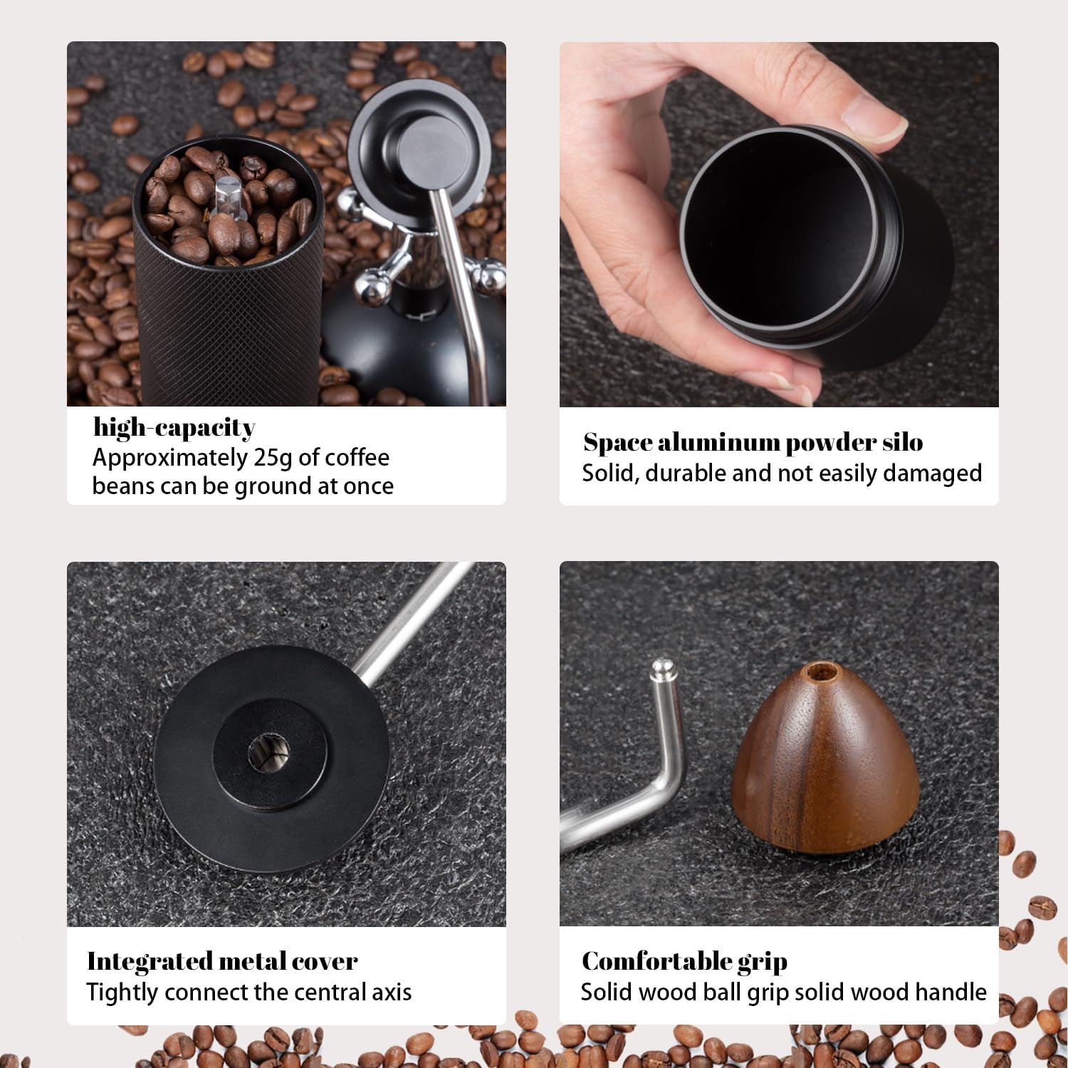 Generic Manual coffee grinder Capacity 25 grams, stainless steel tapered burrs - wooden handle - adjustable internal settings, dual bearing positioning, MCG2401, Black