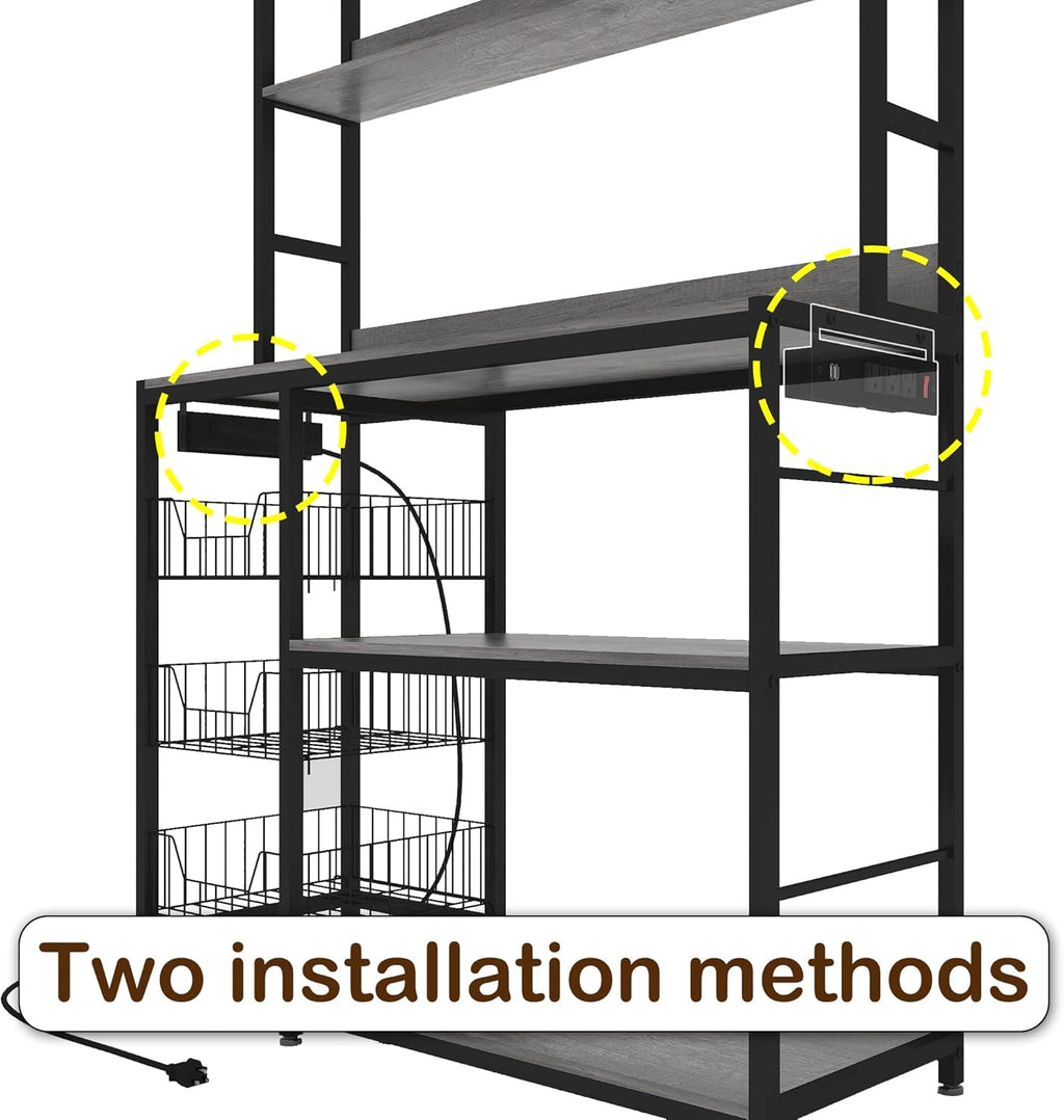Kitchen Bakers Rack with Baskets and Power Outlet,5-Tier Kitchen Utility Storage Shelf with Hooks, Microwave Oven Stand Rack,Vintage Grey Free Standing Kitchen Shelf