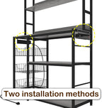 Kitchen Bakers Rack with Baskets and Power Outlet,5-Tier Kitchen Utility Storage Shelf with Hooks, Microwave Oven Stand Rack,Vintage Grey Free Standing Kitchen Shelf