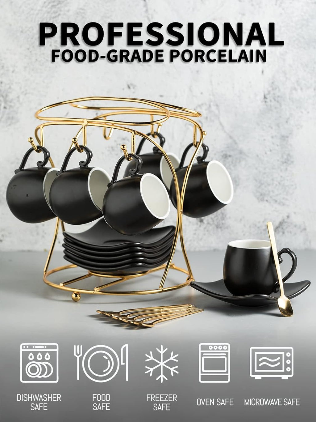 LYEOBOH Espresso Cups with Saucers Set, 3 Ounces Porcelain Coffee Cups with Metal Stand and Spoons, Cappuccino Cups Cute Demitasse Cups for Coffee Drinks, Latte, Tea Set of 6, Black