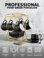 LYEOBOH Espresso Cups with Saucers Set, 3 Ounces Porcelain Coffee Cups with Metal Stand and Spoons, Cappuccino Cups Cute Demitasse Cups for Coffee Drinks, Latte, Tea Set of 6, Black