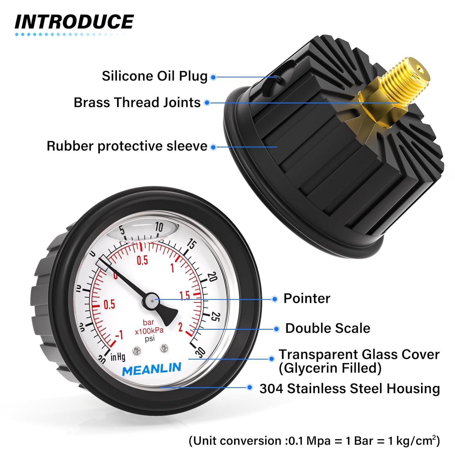 MEANLIN MEASURE -30inHG~30Psi Stainless Steel 1/4" NPT 2.5" FACE DIAL Vacuum Pressure Gauge, Center Back Mount (with Rubber Protective Sleeve), with 1/2" NPT and 3/8" NPT Hex Bushing