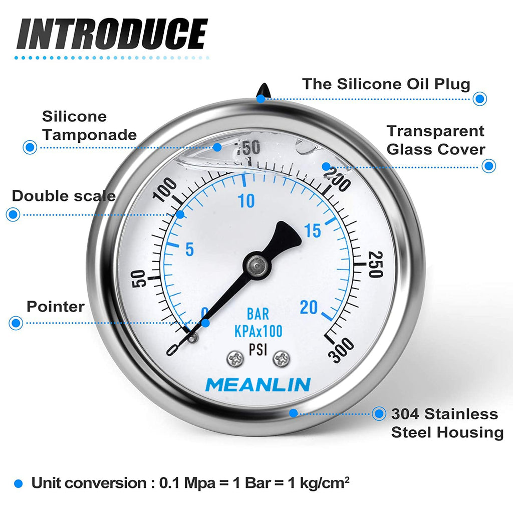 MEANLIN MEASURE 0~300Psi Stainless Steel 1/4" NPT 2.5" FACE DIAL Liquid Filled Pressure Gauge WOG Water Oil Air Center Back Mount, with 1/4" x 1/2" NPT and 1/4" x 3/8" NPT Hex Bushing