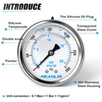 MEANLIN MEASURE 0~300Psi Stainless Steel 1/4" NPT 2.5" FACE DIAL Liquid Filled Pressure Gauge WOG Water Oil Air Center Back Mount, with 1/4" x 1/2" NPT and 1/4" x 3/8" NPT Hex Bushing