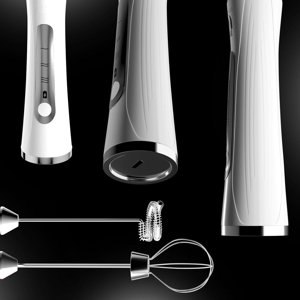 Rechargeable Handheld Milk Frother - Electric Foam Maker - Portable Coffee Frother Wand with 2 Heads - Stainless Steel Electric Whisk for Coffee, Latte, Cappuccino, Macchiato, Hot Chocolate (White)