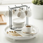 LYEOBOH Espresso Cups with Saucers Set, 3 Ounces Coffee Cups with Metal Stand and Spoons, Ceramic Cappuccino Coffee Cups Demitasse Cups for Espresso, Latte, Cafe Mocha and Tea, Set of 6, White