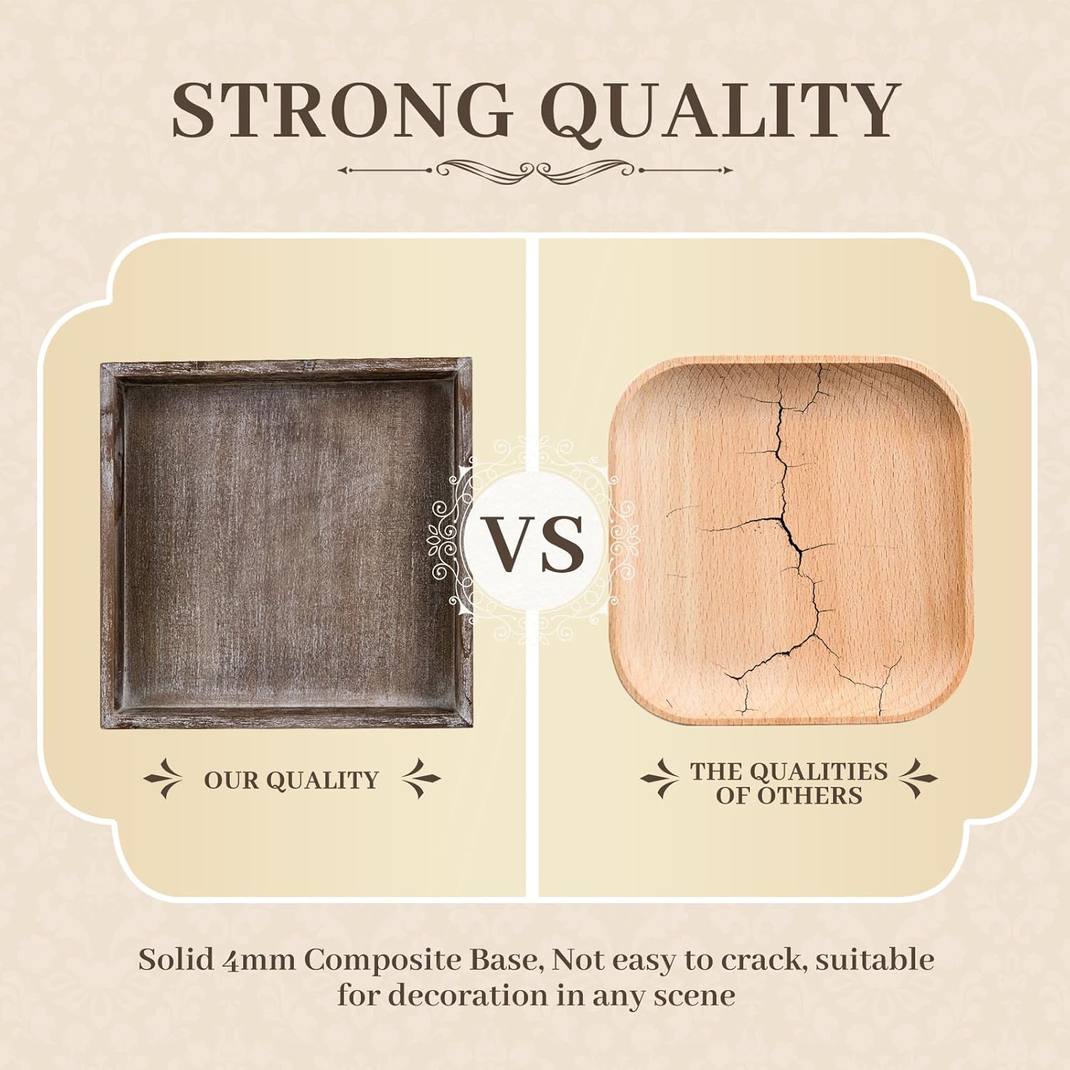 Wooden Decorative Tray, Small Serving Tray with Wood Bead, Farmhouse Big Tray for Ottoman, Countertop, Coffee Tabl, 13" x 13"x 1.6" (Retro Brown)