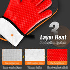 Walfos Silicone BBQ Gloves - Heat Resistant Grilling Gloves, Premium Non-Slip Kitchen Silicone Oven Mitt with Protective Cotton Layer Inside, Waterproof, Great for Grilling, Kitchen and Cooking, Red