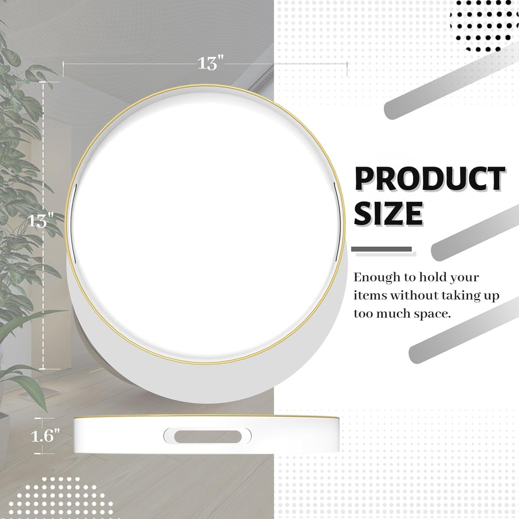 MAONAME White Decorative Tray for Coffee Table, Modern Round Serving Tray with Handles, 13" Plastic Tea Trays for Ottoman, Bathroom Decor