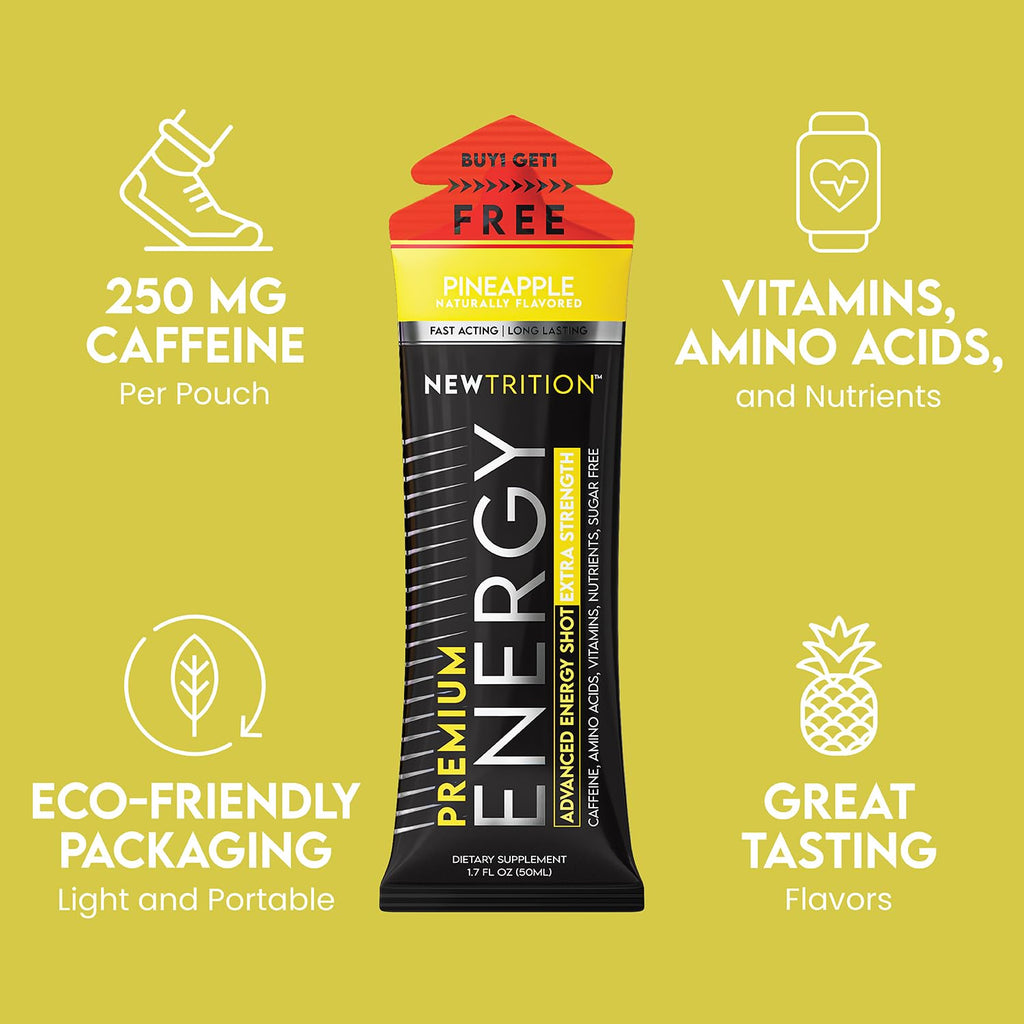 NewTrition® Extra Strength Energy Shots, 250mg Caffeine Energy Shots with Vitamin B & Amino Acids, Sugar-Free Vitamin Energy Shot, 1.7 fl oz (Pack of 24, Pineapple)