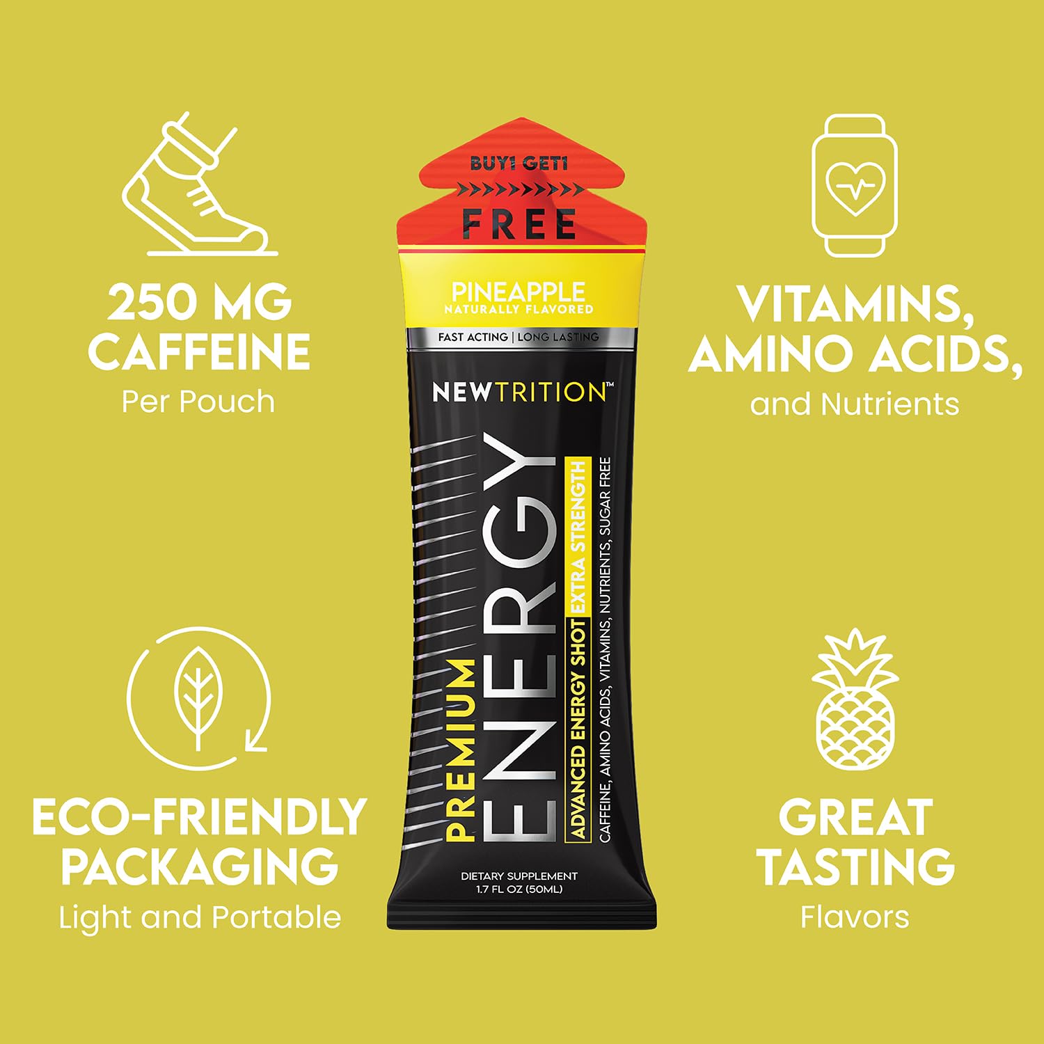 NewTrition® Extra Strength Energy Shots, 250mg Caffeine Energy Shots with Vitamin B & Amino Acids, Sugar-Free Vitamin Energy Shot, 1.7 fl oz (Pack of 24, Pineapple)