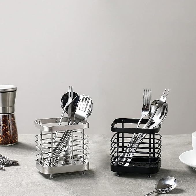 Utensil Holder, Stainless Steel Sink Drying Rack, Silverware Cutlery Flatware Holder, Cutlery Drainer for Utensils, Rust-Proof Kitchen Sink Organizer (Black)