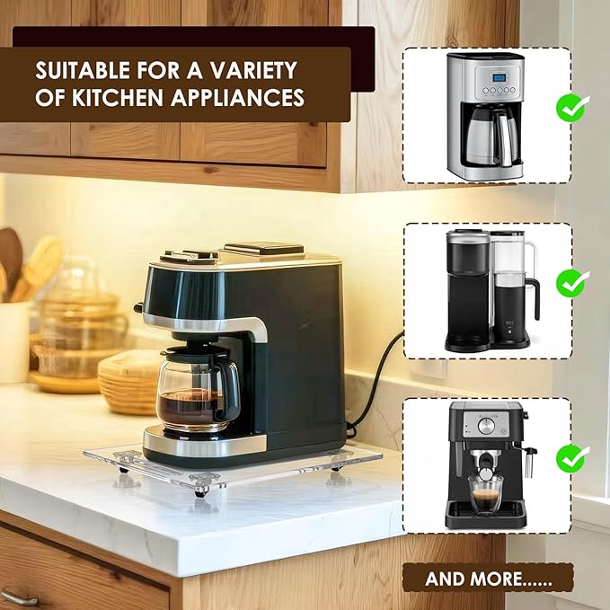 360° Sliding Tray for Coffee Maker & Kitchen Appliances - Silent Rubber Wheels, Clear Acrylic Organizer Tray for Under Cabinet - Space Saving Countertop Accessory, 9.8x14 Inch (Clear)