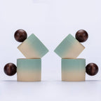 Ceramic Mini Espresso Cups Demitasse Cups with Round Wooden Handle Vertical Stripes Tea Cups (Beige&Green, 4pcs)