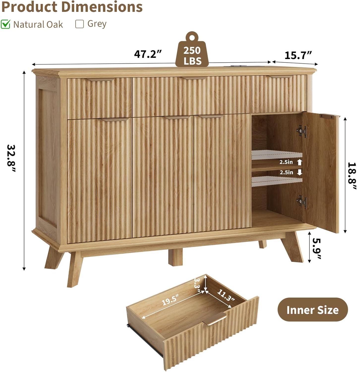 QUW Fluted Sideboard Buffet Cabinet with Charging Station, 47.2" Kitchen Storage Cabinet with Drawers and Adjustable Shelves, Modern Coffee Bar Kitchen Table for Dining Room, Living Room, Natural Oak