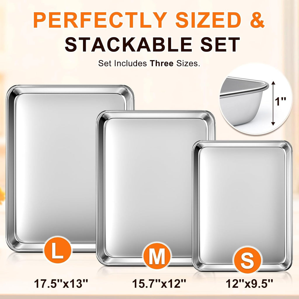 Baking Sheet Set of 3, Commercial Grade Stainless Steel Cookie Sheets for Baking, 12/16/17.5 Inch, Thicker and Firmer Baking Pans Set, Rust & Warp Resistant & Nonstick, Nontoxic&Heavy Duty&Easy Clean