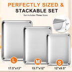 Baking Sheet Set of 3, Commercial Grade Stainless Steel Cookie Sheets for Baking, 12/16/17.5 Inch, Thicker and Firmer Baking Pans Set, Rust & Warp Resistant & Nonstick, Nontoxic&Heavy Duty&Easy Clean