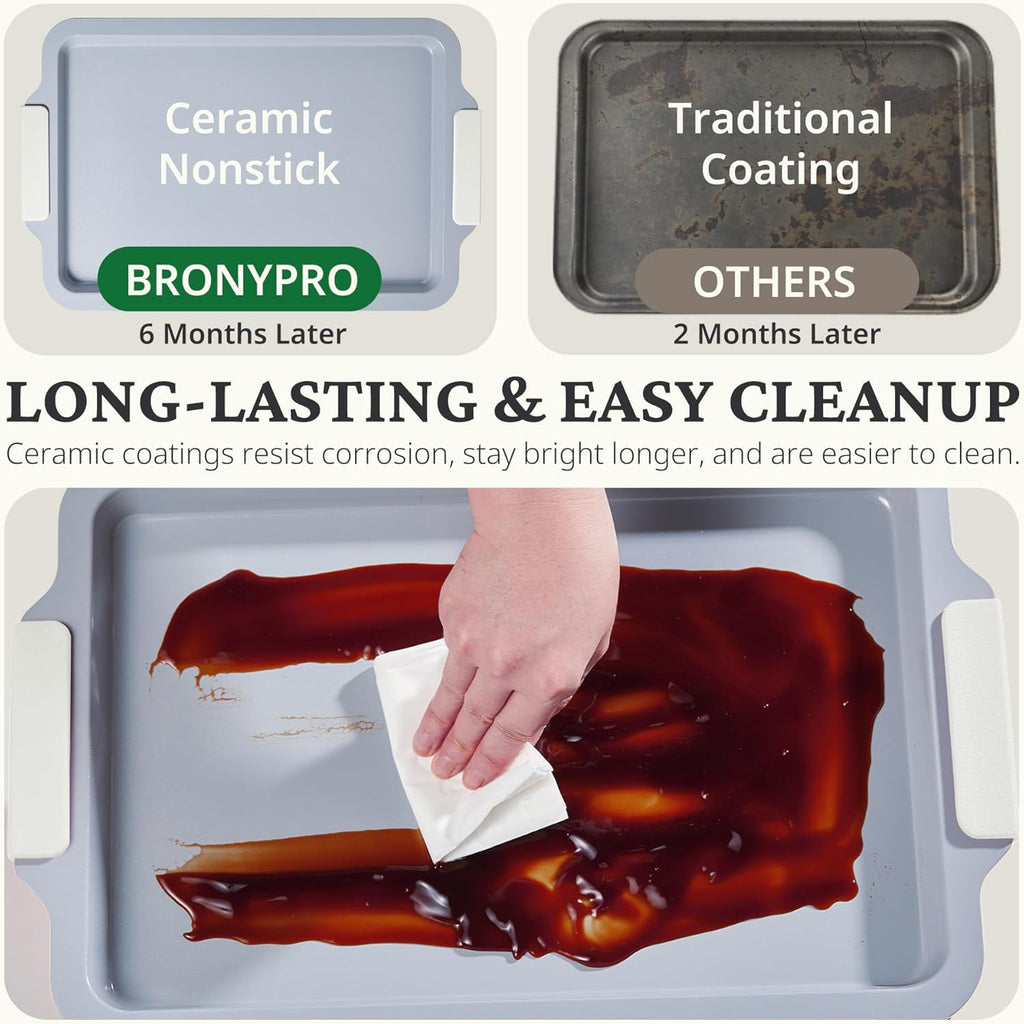 BRONYPRO Non Stick Ceramic Baking Sheet Pan Set of 3, Natural Non Toxic Cookie Sheets for Baking - PFOA, PTFE Free, Heavy Duty Aluminized Steel Oven Trays for Cooking with Silicone Handles, Cream