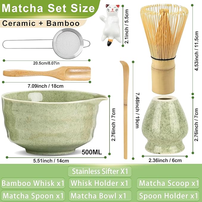 7 Pcs Matcha Whisk Set with Ceramic Bowl, Whisk, Holder, Bamboo Scoop, Sifter, Spoon and Holder, Matcha Kit for Matcha Lover (Matcha Green)
