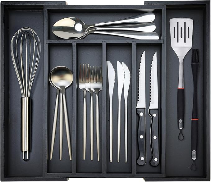 Bamboo Kitchen Drawer Organizer Tray Black Expandable Spoon Silverware Organizer Large Utensil Holder Drawers Divider Adjustable Cutlery Flatware Organizers for Drawer Wood Utensil Silverware Tray