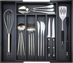 Bamboo Kitchen Drawer Organizer Tray Black Expandable Spoon Silverware Organizer Large Utensil Holder Drawers Divider Adjustable Cutlery Flatware Organizers for Drawer Wood Utensil Silverware Tray