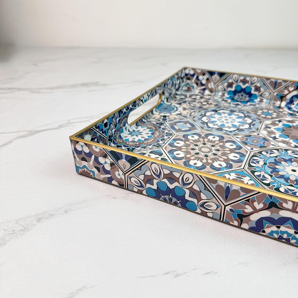 Boho Coffee Table Tray, Decorative Serving Tray with Handles, Large Tray for Ottoman,Coffee Table，Living Room Modern, Blue，