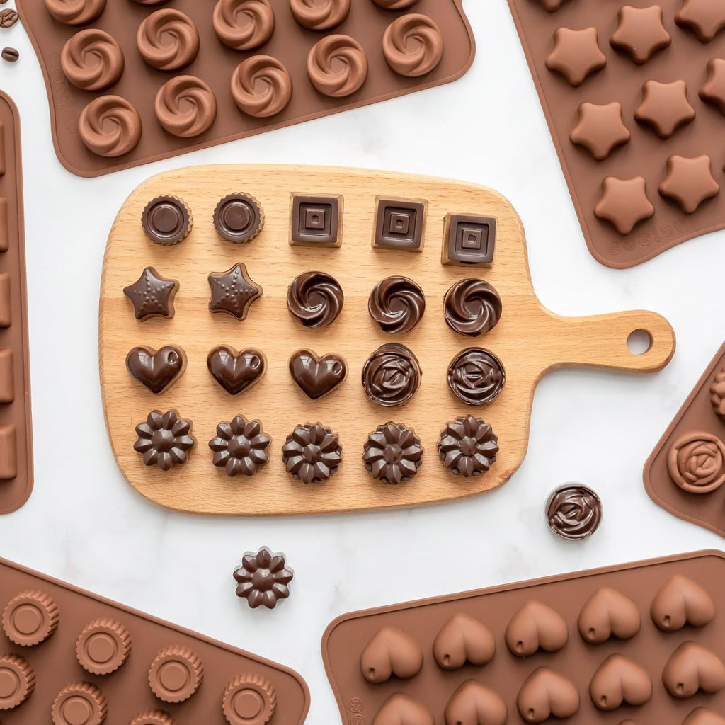 6 Pack Chocolate Molds Candy Molds Silicone, Food-Grade Non-Stick Jello Mold, Crayon Mold, Silicone Baking Mold, BPA Free, including Flower, Heart, Star, Round, Square, Whirlpool
