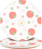 Ceramic Coasters Set of 2, Absorbent Drink Coasters with Cork Backing, Cute Strawberry Daisy Design, Round Tabletop Cup Coasters for Home, Kitchen, Coffee, Bar, Housewarming Gifts#2 pcs