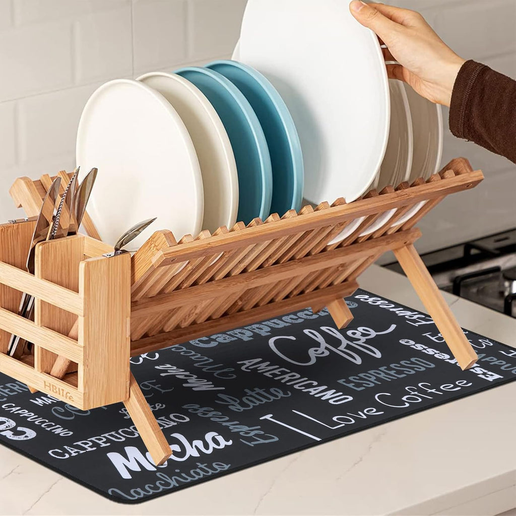 SHACOS Coffee Mat 2-Pack 12x19 Inch Absorbent Non Slip Coffee Maker Mats for Countertop Coffee Bar Accessories Dish Drying Mat Waterproof Heat Resistant, Chalkboard Black