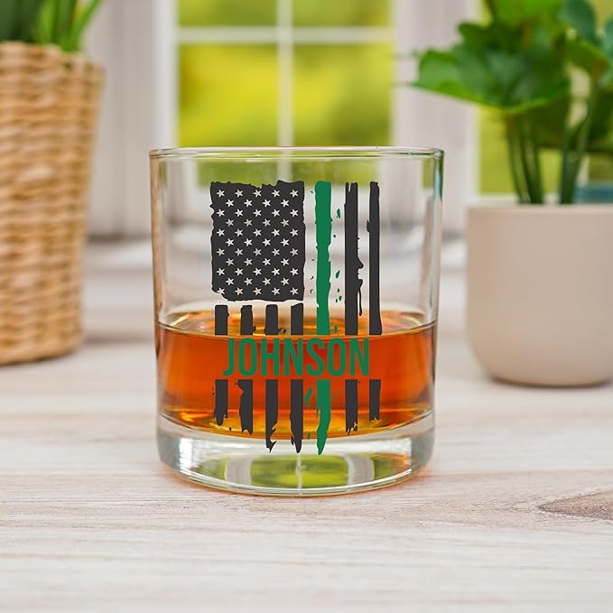 Blue Ridge Mountain Gifts - Thin Green Line Whiskey Glass - Personalized Military Gift, Border Patrol Appreciation, Green Line Merch, Veteran Gift, Custom Barware, Special Forces Glass