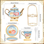 Zhehao 20 Pcs Porcelain Tea Set with Metal Holder and Spoon Adult Ceramic Tea Party Set European Flower Painting Teapot Cup Saucer Spoon Set for Women, Large Version(Simple Style)