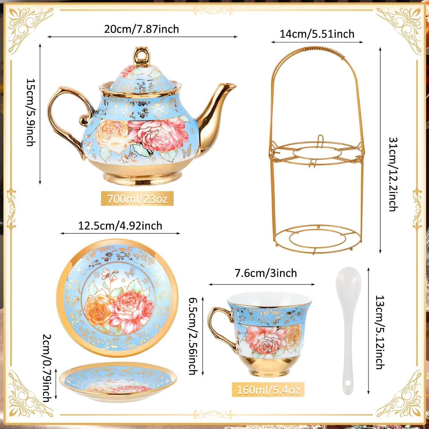 Zhehao 20 Pcs Porcelain Tea Set with Metal Holder and Spoon Adult Ceramic Tea Party Set European Flower Painting Teapot Cup Saucer Spoon Set for Women, Large Version(Simple Style)