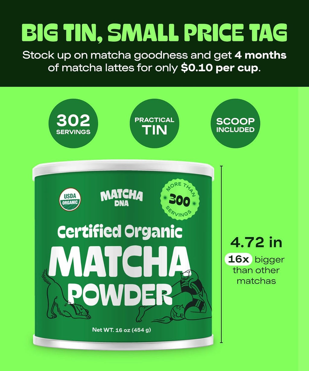 MATCHA DNA Certified Organic Matcha Green Tea Powder (16 oz TIN CAN)