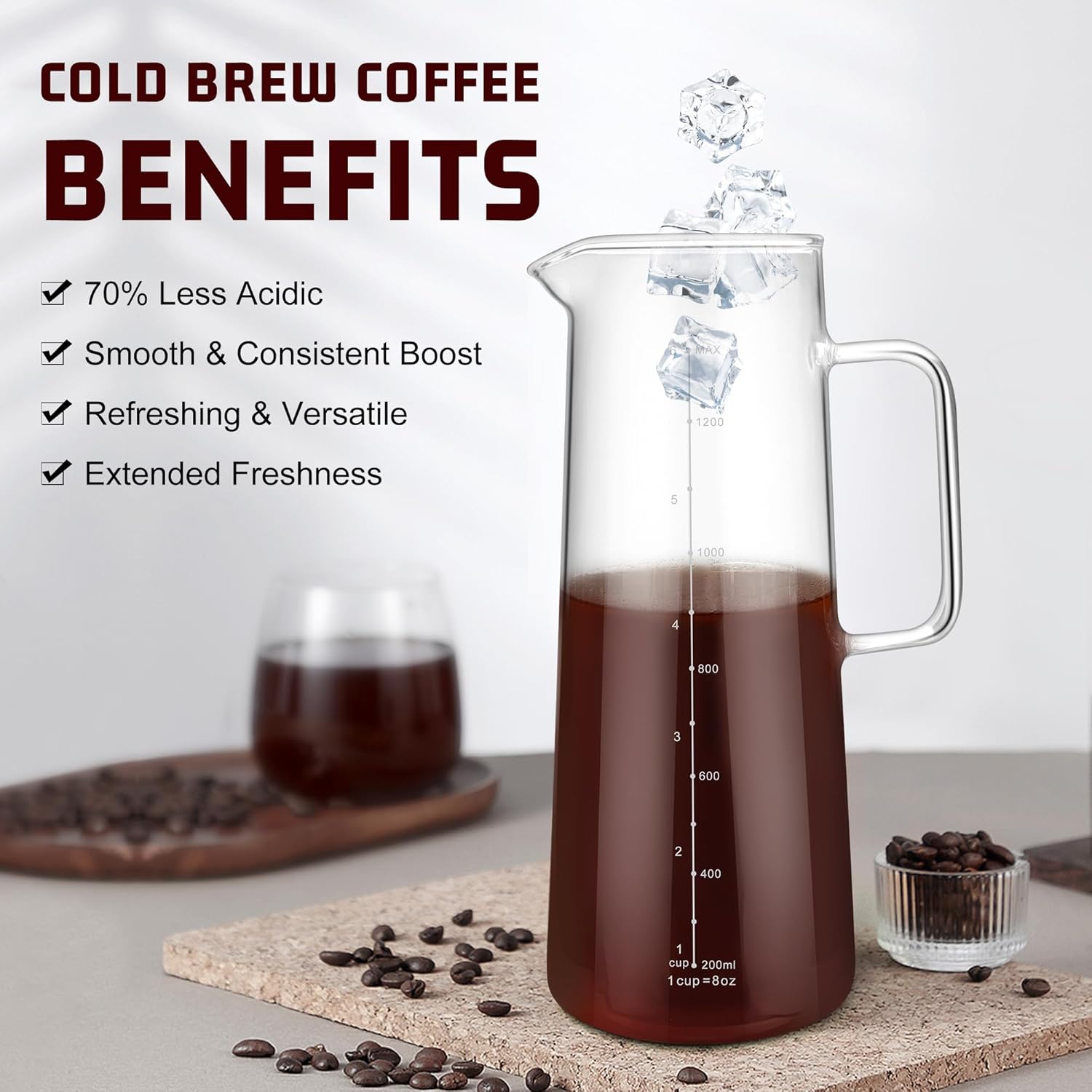 Cold Brew Coffee Maker, 1.4L/48oz Slim Borosilicate Glass Pitcher with Stainless Steel Filter, Fit Fridge Door, Dishwasher Safe & Airtight Lid, Mannual Included, Iced Tea & Fruit Infuser