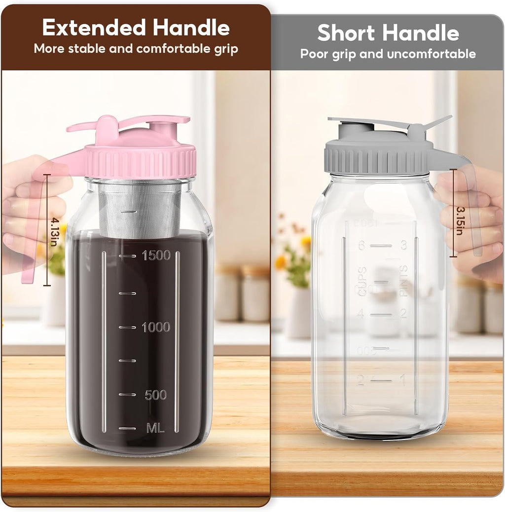 Cold Brew Coffee Maker Jar - 2 Pack 64 oz Glass Cold Brew Maker with Handle, Stainless Steel Filter & Leak-Proof Lid, Heavy Duty Cold Brew Pitcher for Iced Coffee, Sun Tea, and Milk