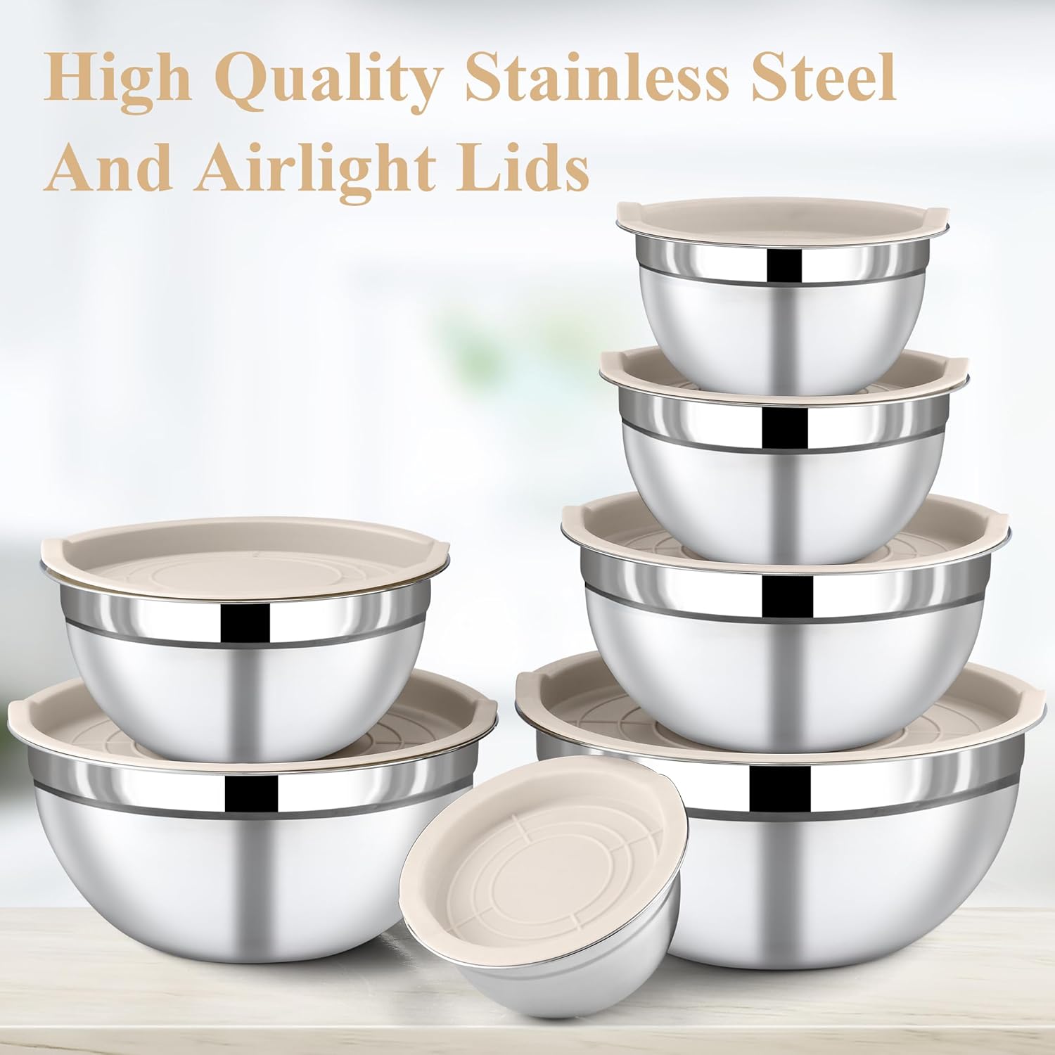 Mixing Bowls with Lids Set - 7 Piece Khaki Nesting Stainless Steel Mixing Bowls for Kitchen, Sizes 4.5, 4, 3.5, 2.1, 1.5, 1.1, 0.7 Qt for Baking, Cooking and Serving, Dishwasher Safe