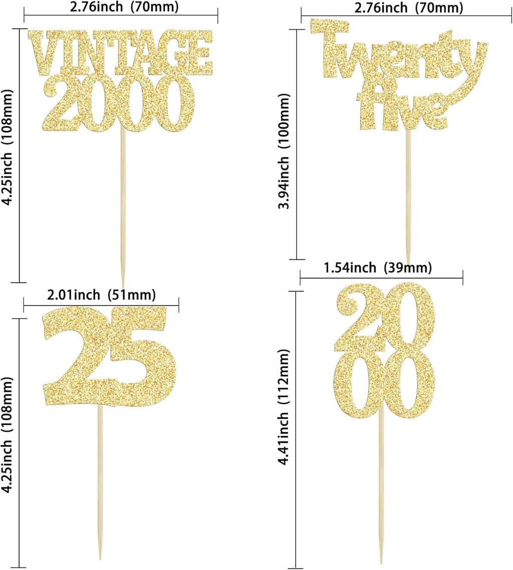 Gyufise 24Pcs Cheers to 25 Cupcake Toppers Glitter Twenty-five Vintage 2000 25th Birthday Cupcake Picks Hello 25 Years Birthday Cake Decorations for Happy 25th Anniversary Party Supplies Gold