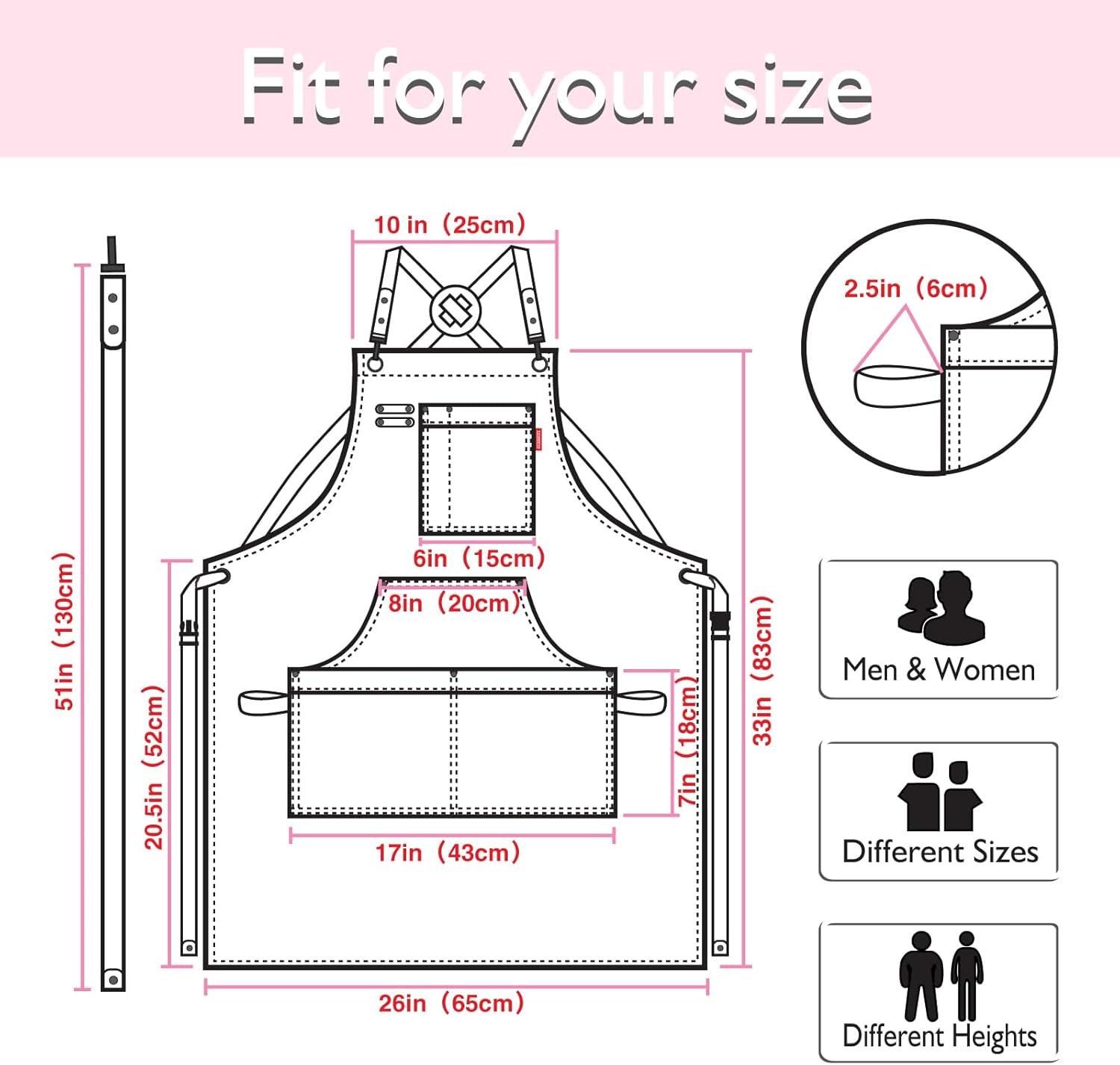 Kitchen Apron, Work Apron, Canvas, Multiple Pockets, Gardening, Painting, BBQ, Artist, Carpenter, Sizes M to XXL, Pink