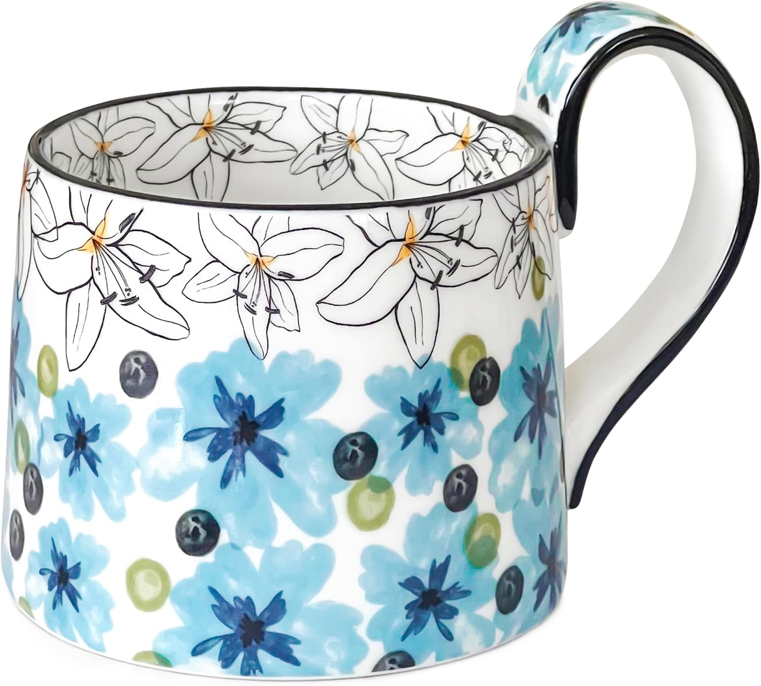Ceramic Coffee Mug, 12oz Cute Floral Coffee Mugs with Large Handle, Blue Flower Design Stoneware Tea Cup for Office and Home