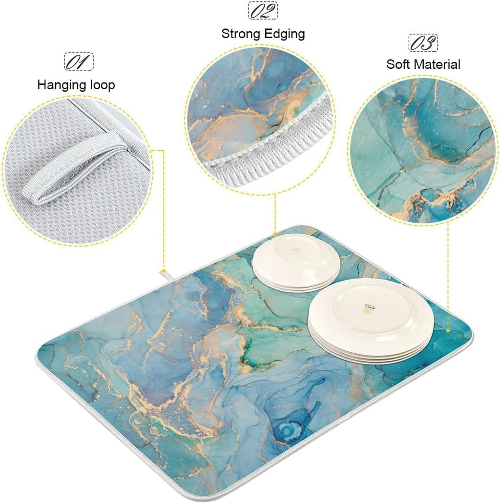 Marble Dish Drying Mat for Kitchen Counter Blue Teal Turquoise Gold Drying Mat 16 x 18 Inch with High Absorbent Reversible Microfiber Dish Drying Pad Dish Rack Pad Drainer Mat for Coffee Bar
