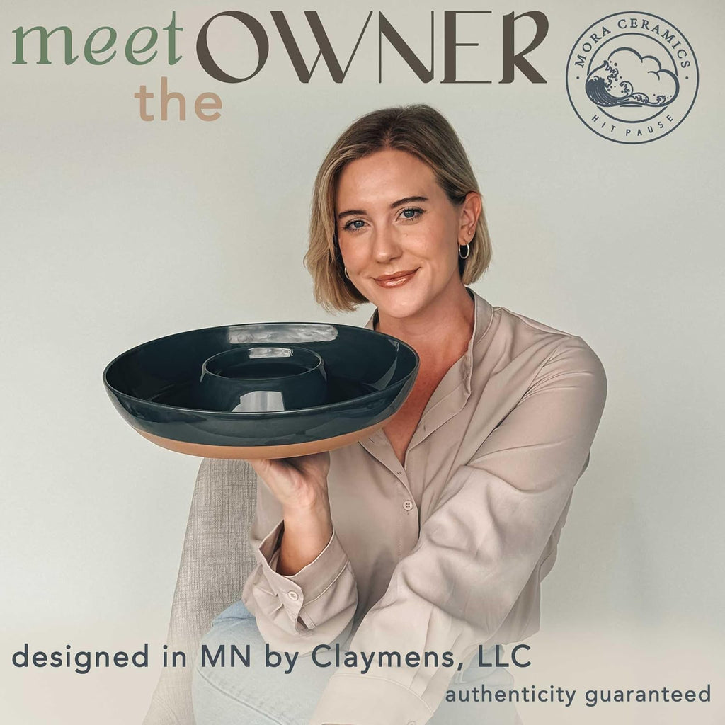 Mora Ceramic Chips and Dip Serving Tray: Large Divided Party Bowl Set for Chips & Salsa, Veggies & Dip, Fruit, Snacks, Entertaining, Hosting, etc. Minimalist Design for the Modern Hostess - Charcoal