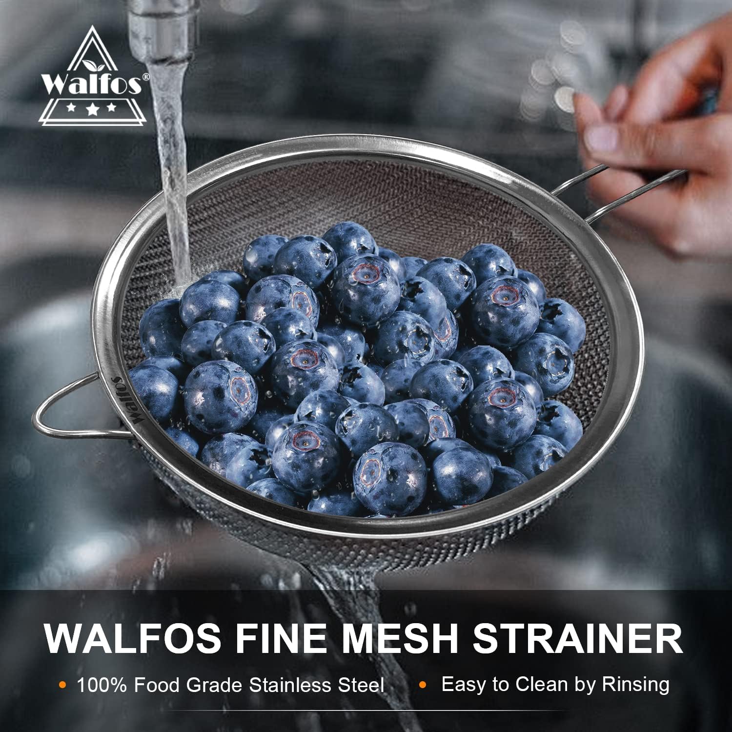 Walfos 9.5 Inch Large Fine Mesh Strainer, Stainless Steel 30 Mesh Sieve with Sturdy Handle, Kitchen Food Strainers Sifters for Rice, Quinoa, Pasta, Fruits, Vegetables, etc.