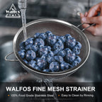 Walfos 8 Inch Fine Mesh Strainer, Premium Stainless Steel Colanders and Sifters, with Reinforced Frame and Sturdy Handle, Perfect for Sift, Strain, Drain and Rinse Vegetables, Pastas and Tea