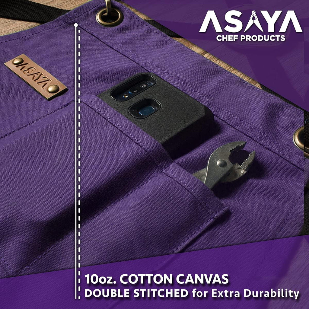 Asaya Chef and BBQ Apron with Bottle Opener and Hand Towel - 10oz Cotton Canvas, Stainless Steel Hardware - Cross Back Straps