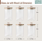 Urban Green Glass Jars with Airtight Lids, Airtight Canisters with Wood Lids, Glass Storage Containers with Bamboo Lid, Food Storage Containers Set (6 Pack of 27oz)