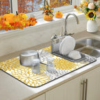 Findosom 2PCS 16" x 24" Fall Dish Drying Mat & 24" x 5.5" Sink Splash Guard, Super Absorbent & Cuttable Dish Mat Drying Kitchen Mat with Yellow Floral, Hide Stain Drying Mat for Kitchen Counter