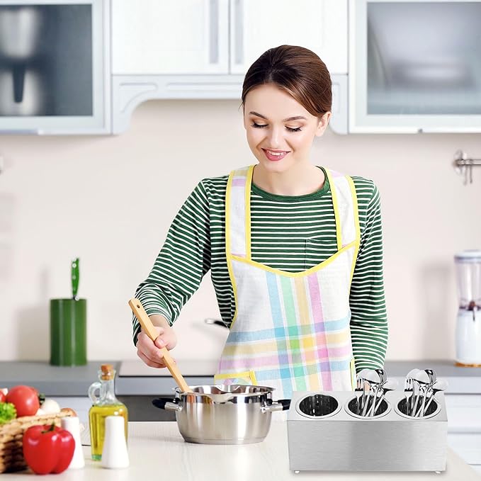 uxcell Kitchen Utensil Holder, Stainless Steel Cylinder Flatware Silverware Utensil Holder with 3 Compartments, Caddy Drying Rack Countertop Silverware Organizer for Buffets (3 Holes)