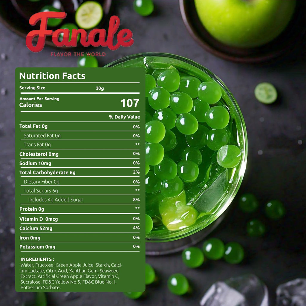 Fanale Green Apple Popping Boba Pearls, Vegan, Non GMO, Gluten Free, Fat Free, Perfect for Bubble Tea, Smoothies, Ice Cream, Desserts, and Beverages.