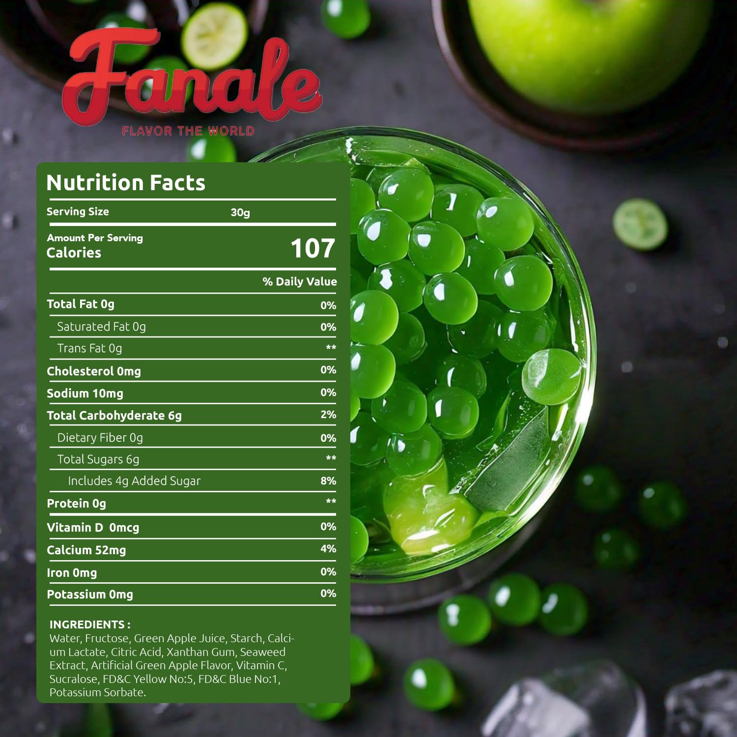 Fanale Green Apple Popping Boba Pearls, Vegan, Non GMO, Gluten Free, Fat Free, Perfect for Bubble Tea, Smoothies, Ice Cream, Desserts, and Beverages.