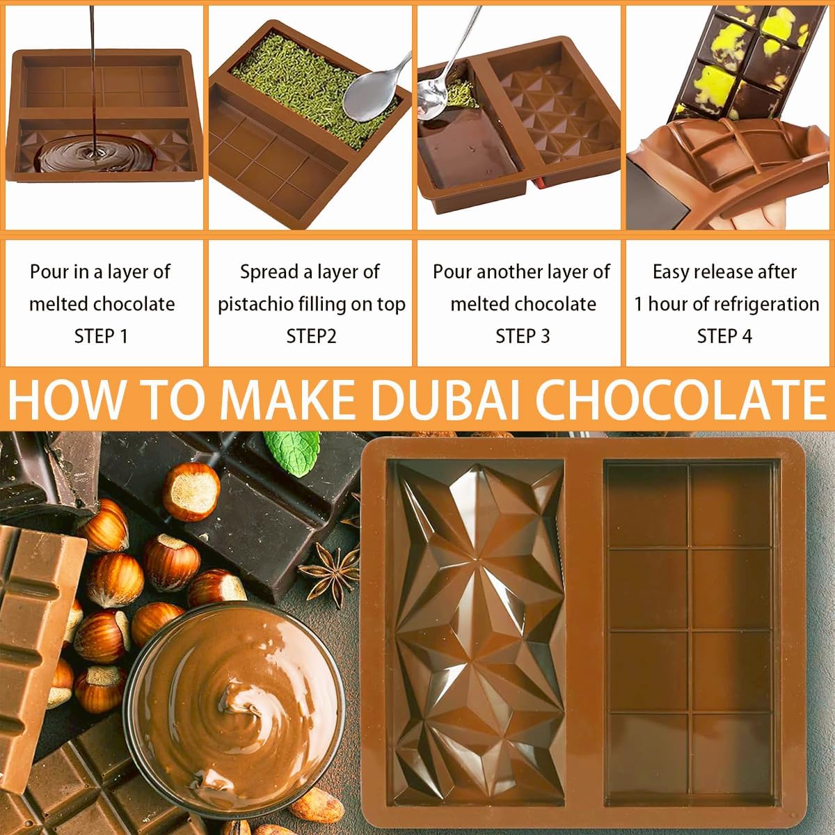 2 Pcs Dubai Chocolate Molds Silicone, 1 Inch Deep Chocolate Mold for Pistachio Chocolate Bar, Candy Bar Snack Baking Mold - 2 Different Shapes